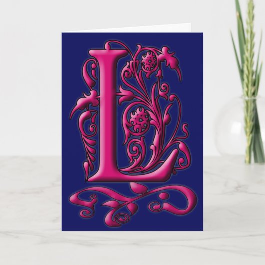 Carte Monogramme initiale L Fuschia Navy (Devant)