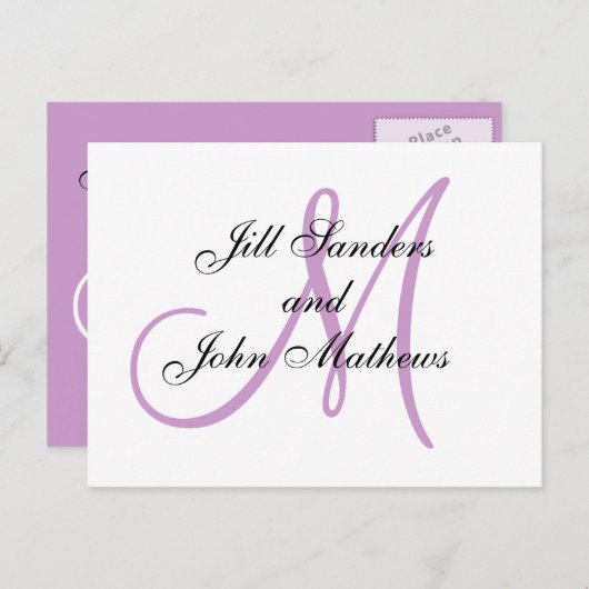 Carte Monogramme Mariage initiale blanche et Lilac (Devant / Derrière)