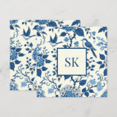 Carte Monogramme personnalisé Chinoiserie Bleu et blanc (Devant / Derrière)
