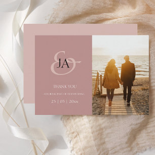 Carte Monogramme rose Dusty moderne Mariage photo Merci