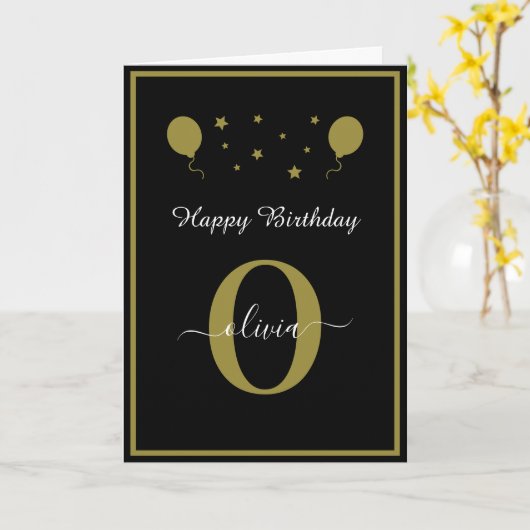 Carte Monogramme Script Bonne Anniversaire Noir Blanc Or (Fleur jaune)