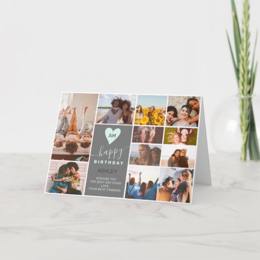 Carte Monographie moderne anniversaire turquoise 12 phot (Devant)