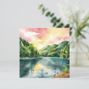Carte Montagne rivière lever de soleil aquarelle tranqui