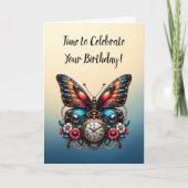 Carte Montre de poche papillon et fleurs Anniversaire (Devant)