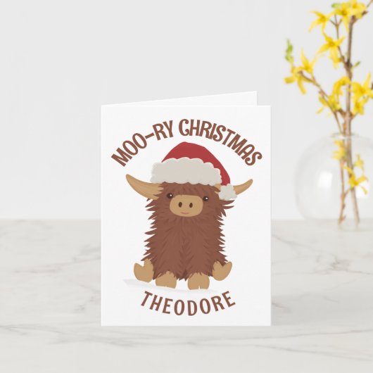 Carte Moo-ry Noël mignon shaggy Vache Highland Custom (Fleur jaune)