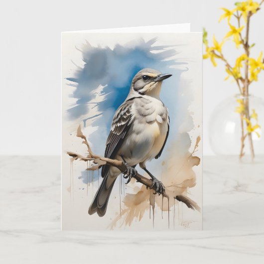 Carte Moqueur polyglotte se reposant sur une branche d'a (Fleur jaune)