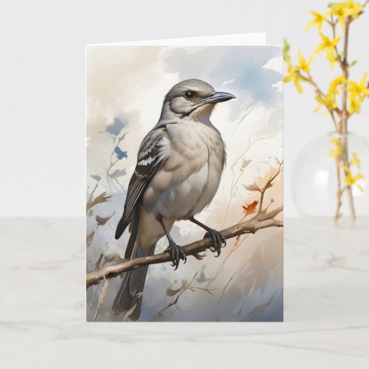 Carte Moqueur polyglotte se reposant sur une branche d'a (Fleur jaune)