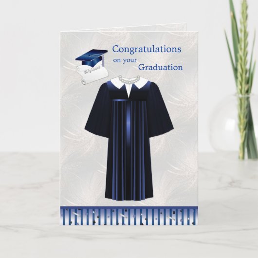 Carte Mortier bleu argent, robe et diplôme Graduation (Devant)