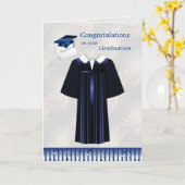 Carte Mortier bleu argent, robe et diplôme Graduation (Fleur jaune)