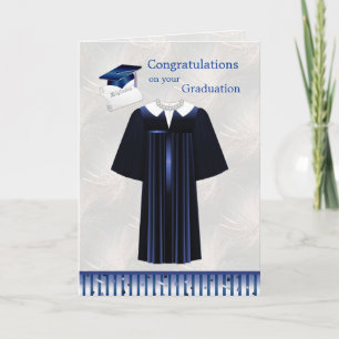Carte Mortier bleu argent, robe et diplôme Graduation