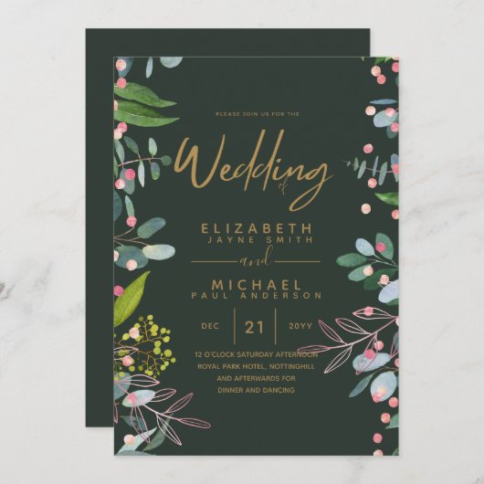 Carte Moss Green Rose Gold Wedding Invite (Devant / Derrière)