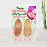 Carte Mother daughter holding pink balloons confetti<br><div class="desc">A beautiful illustration of a woman with long blonde hair holding a bunch of vibrant pink, purple and fuchsia colored balloons sitting with her arm around her daughter who has long strawberry blonde red hair. They are surrounded by soft pink confetti ribbons and glitter. The words, happy birthday to a...</div>