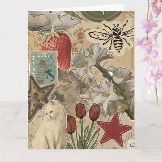 Carte Motif de collage floral de chat – Conception artis (Orchidée)