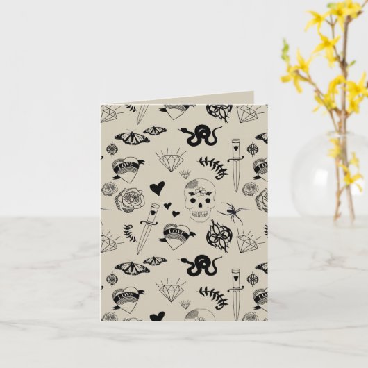 Carte Motif de tatouage dessiné à la main noir et beige (Fleur jaune)