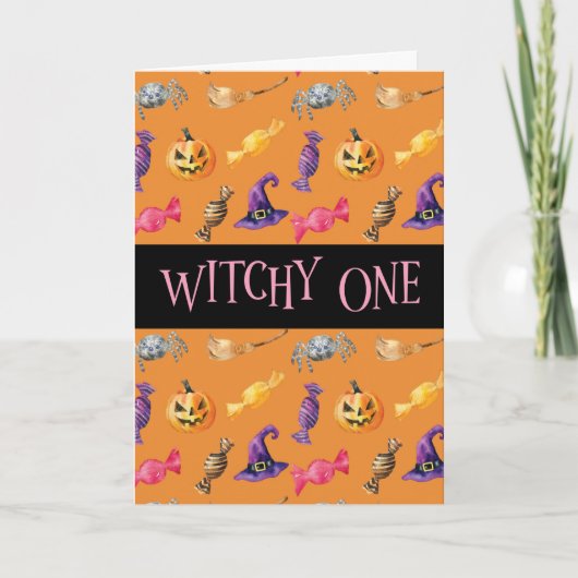 Carte motif d'Halloween orange "Witchy One" (Devant)