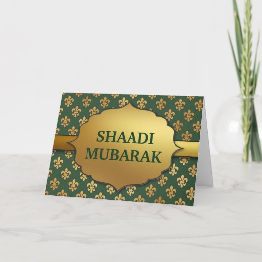 Carte Motif élégant de fleur de lis verte Shaadi Mubarak (Devant)