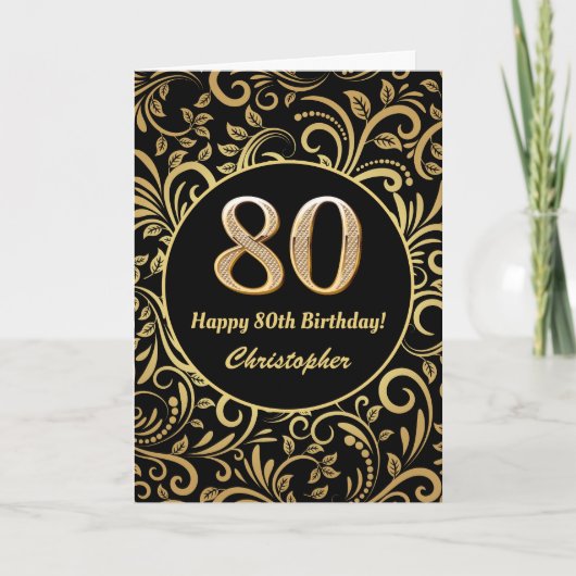 Carte Motif floral noir et or pour le 80e anniversaire (Devant)