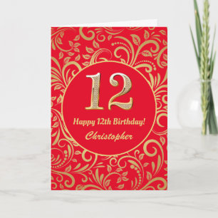 Carte Motif floral rouge et or pour le 12e anniversaire