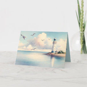 Carte Mouette de phare côtier sous un ciel pastel serein