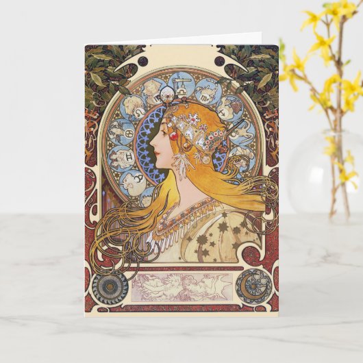 Carte : Mucha - zodiaque - plume de La (Fleur jaune)