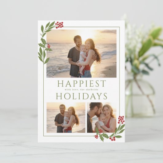 CARTE MULTI-PHOTOS AVEC BORDURE DE NOËL FEUILLAGE (Debout devant)
