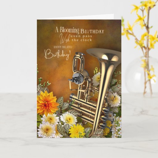Carte Music Theme Belated Birthday Card Brass Instrument (Fleur jaune)