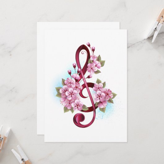 Carte Musical treble clef notes with sakura flowers (Devant/Arrière en situation)
