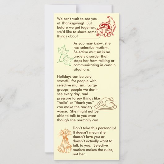 Carte Mutisme sélectif Thanksgiving Girl (Devant)