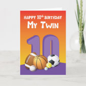 Carte My Twin Sister 10th Birthday Sports Balls (Devant)