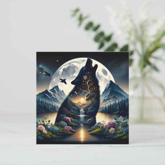 Carte Mystical Wolf Howling at Moon Surreal Ai Art (Debout devant)