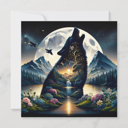 Carte Mystical Wolf Howling at Moon Surreal Ai Art (Devant)