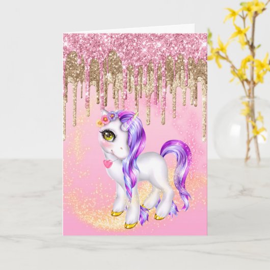 Carte Mythique licorne parties scintillant pony pourpre (Fleur jaune)