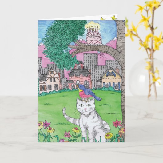 Carte NAISSANCE - Chat (Fleur jaune)