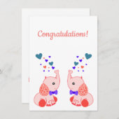 Carte Naissance de jumeaux, rose bébé éléphant félicitat (Devant / Derrière)