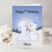 Carte Name Happy 1st Birthday Snowman Building One