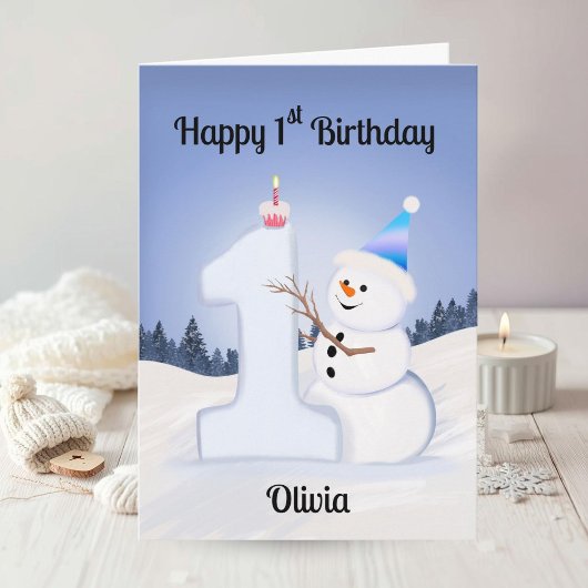 Carte Name Happy 1st Birthday Snowman Building One