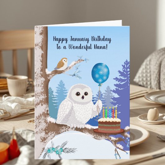Carte Nana Happy January Birthday Snowy Owl