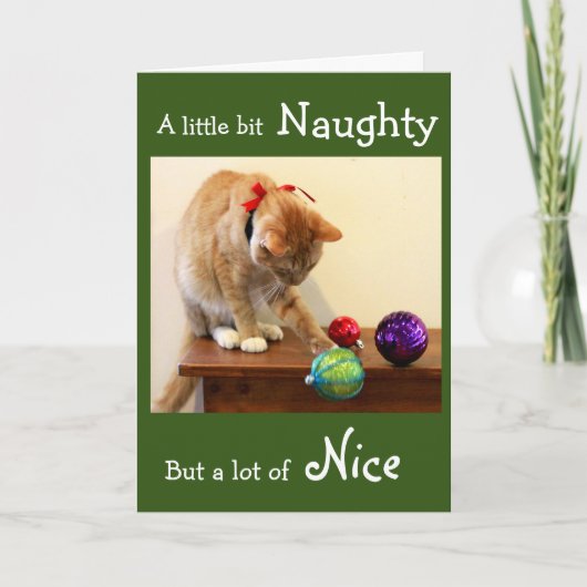 Carte Naughty Orange Tabby aux ornements de Noël (Devant)