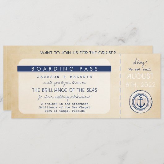 Carte Nautical Cruise Ship Boarding Pass Mariage Invitat (Devant / Derrière)