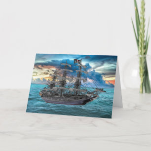 CARTE NAVIRE PIRATE ANCRÉ AU COUCHER DU SOLEIL