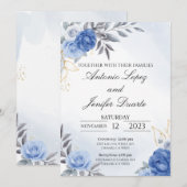 Carte Navy blue peony rose wedding invitation, boda (Devant / Derrière)