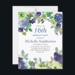 Carte Navy Blue Sage Green Floral 16e fête d'anniversair<br><div class="desc">Invitation à la fête du 16e anniversaire avec de jolies fleurs bleu marine et vert sauge.  Vous pouvez customiser le texte sur cette carte pour une fête d'anniversaire quel que soit l'âge que vous fêtez.</div>