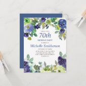 Carte Navy Blue Sage Green Floral 70e fête d'anniversair (Devant/Arrière en situation)