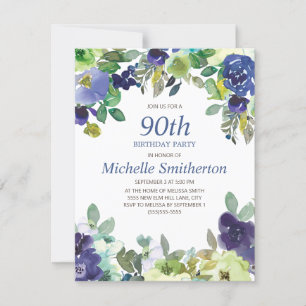 Carte Navy Blue Sage Green Floral 90e fête d'anniversair