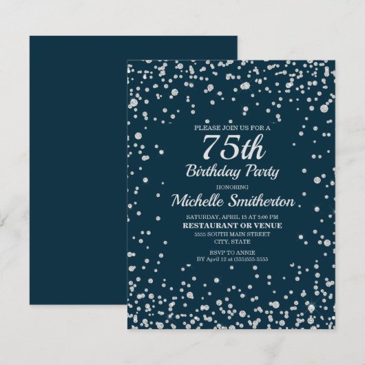 Carte Navy Blue Silver Glitter Femmes 75e Anniversaire (Devant / Derrière)