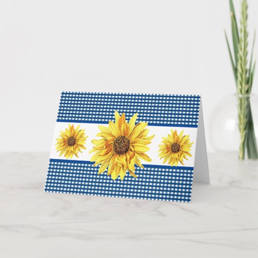 Carte Navy et Blanc Gingham Tournesol Intérieur Vide (Devant)
