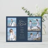 Carte Navy Trendy Collage Wedding Save Date 4 Photos (Debout devant)
