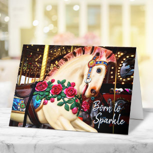 Carte Né à Sparkle Carousel Horse Photo Calligraphie
