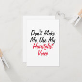 Carte Ne m'oblige pas à utiliser ma voix coiffeuse (Devant/Arrière en situation)
