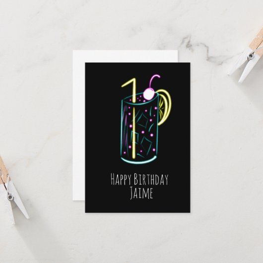 Carte Neon Boisson Anniversaire Fête Noir (Devant/Arrière en situation)